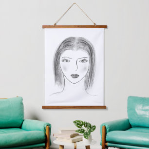 Tapiz Con Marco De Madera Boceto de cara de mujer en blanco y negro para par