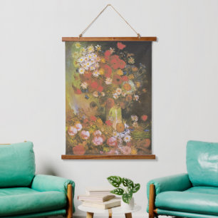 Tapiz Con Marco De Madera Bodegón floral de Van Gogh Amapolas y Rosas rojas