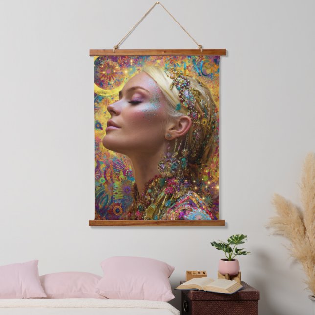 Tapiz Con Marco De Madera Bohemian Cosmic Goddess Art Tapestry (Dormitorio)