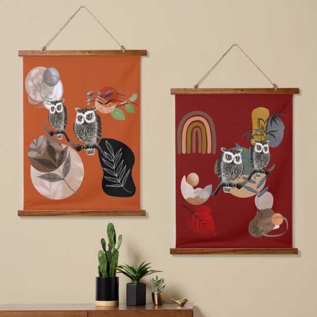 Tapiz Con Marco De Madera Boho Bohemian Arte Moderno Owls Nature Birds Wall (Asimétrico)