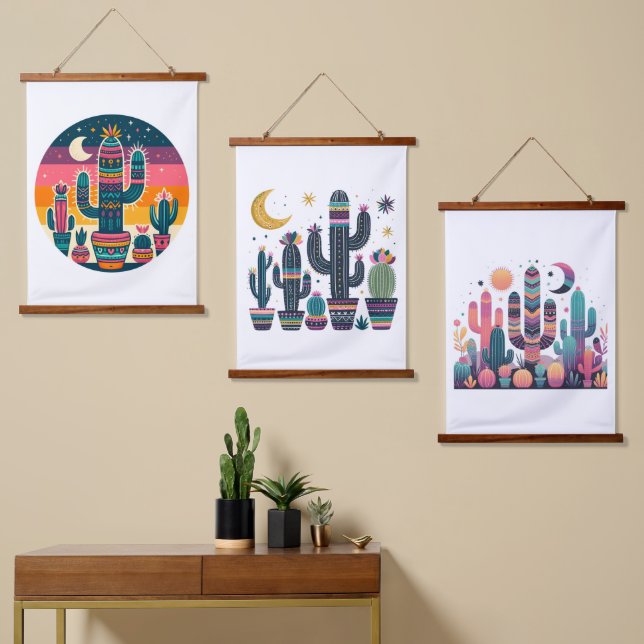 Tapiz Con Marco De Madera Boho Cactus (Asimétrico)