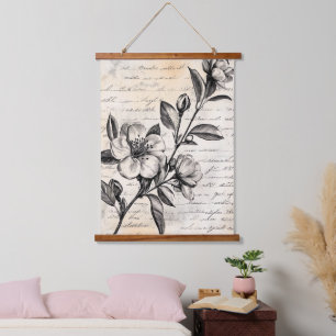 Tapiz Con Marco De Madera Boho Floral Marrón Boceto Pergamino Antiguo