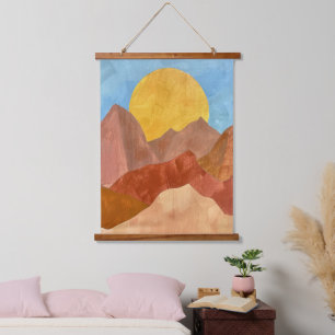 Tapiz Con Marco De Madera Boho Mountain Sunset - Paisaje cálido del tono de 