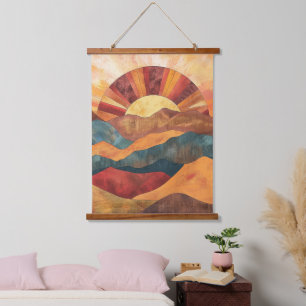 Tapiz Con Marco De Madera Boho Sunset Over Mountains - Paisaje Retro Earthy