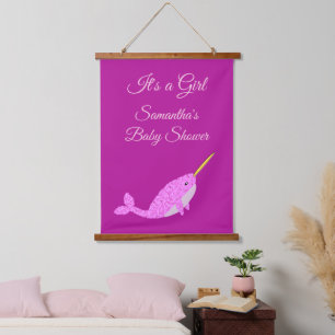 Tapiz Con Marco De Madera Bonito niña rosa Narwhal Personalizado Baby Shower