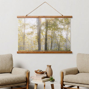 Tapiz Con Marco De Madera Bosque iluminado por el sol, foto moderna de la na
