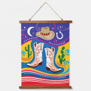 Tapiz Con Marco De Madera Botas de Vaquero y Estrellas del Desierto