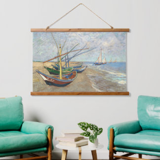 Tapiz Con Marco De Madera Botes de pesca en la playa de Vincent Van Gogh