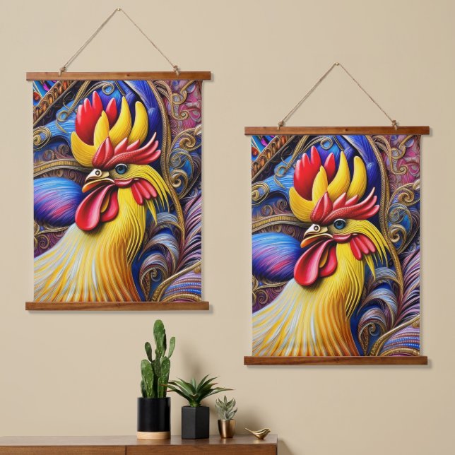 Tapiz Con Marco De Madera Bright Vibrant Rooster (Asimétrico)