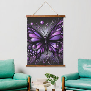 Tapiz Con Marco De Madera Brillante mariposa gótica morada color negro