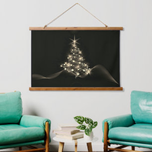 Tapiz Con Marco De Madera Brillo dorado de estrellas en el árbol de Navidad