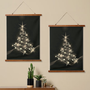 Tapiz Con Marco De Madera Brillo dorado de estrellas en el árbol de Navidad