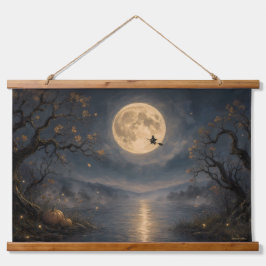 Tapiz Con Marco De Madera Bruja bajo la luna llena gótica Halloween lago