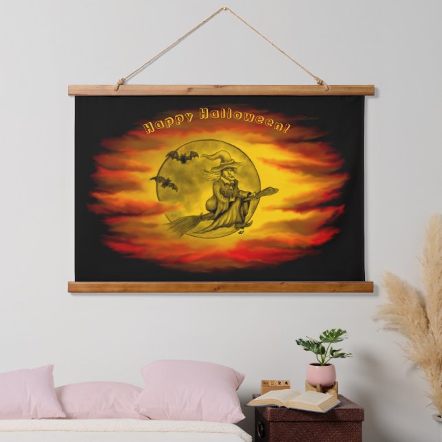 Tapiz Con Marco De Madera Bruja voladora con gato negro, noche de halloween (Dormitorio)