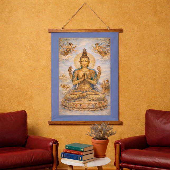 Tapiz Con Marco De Madera Buddhist Bodhisattva Tang Dynasty Style (Buddhist bodhisattva art tapestry shown in situ in modern study reading area)