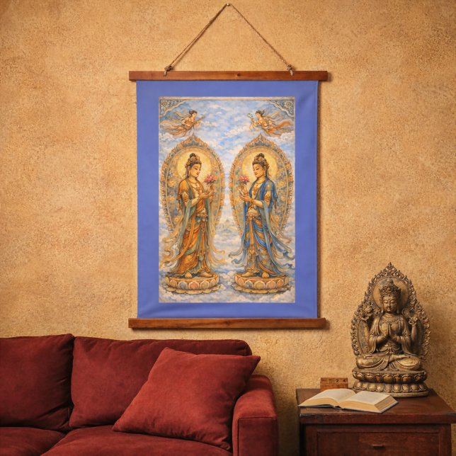 Tapiz Con Marco De Madera Buddhist Bodhisattvas Tang Dynasty Silk Road Era (Tang dynasty style Buddhist bodhisattvas art tapestry in situ in modern living room)