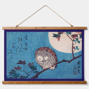 Tapiz Con Marco De Madera Búho en rama de arce bajo luna llena, Hiroshige