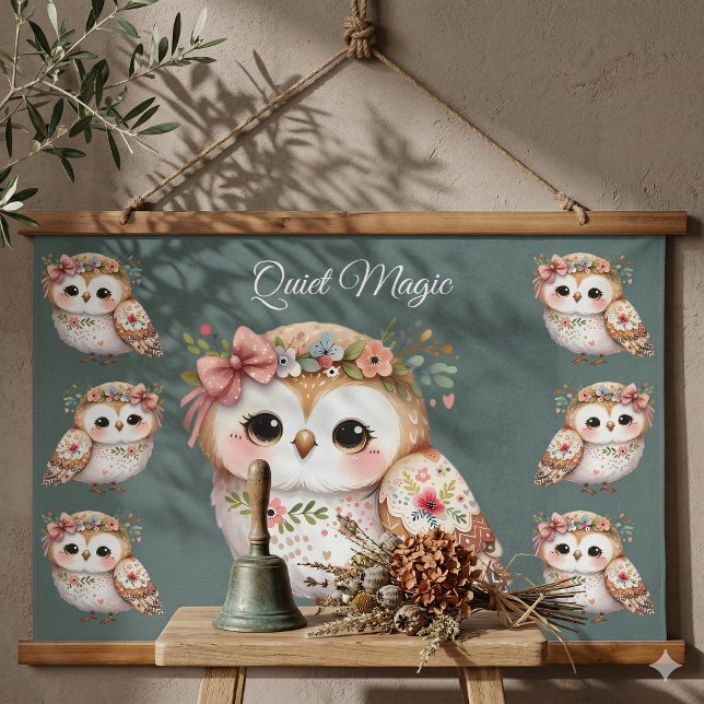 Tapiz Con Marco De Madera Búho Floral Adorable con Lazo (Cute Floral Owl with Bow Hanging Tapestry On Shadowed Wall)