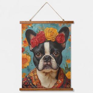 Tapiz Con Marco De Madera Bulldog francés como Frida Kahlo