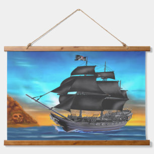 TAPIZ CON MARCO DE MADERA BUQUE PIRATA AL ATARDECER