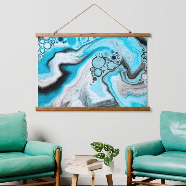 Tapiz Con Marco De Madera Burbujas de mármol negro, azul y blanco (Sala de estar)