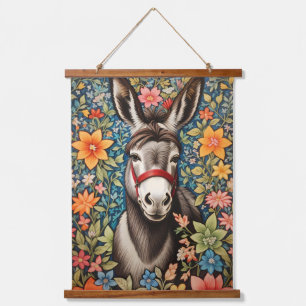 Tapiz Con Marco De Madera Burro Adorable Sobre Fondo Floral Colorido