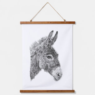Tapiz Con Marco De Madera Burro Dibujado a Mano Puntillismo Animal en Blanco