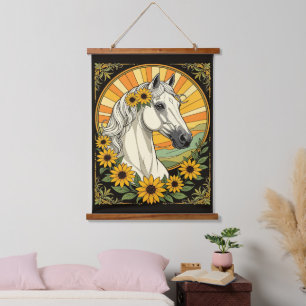 Tapiz Con Marco De Madera Caballo de raza y flores de Susana de ojos negros