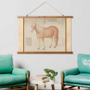 Tapiz Con Marco De Madera Caballo Palomino Dorado - Arte Chino Vintage