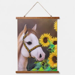 Tapiz Con Marco De Madera Caballo y girasoles 
