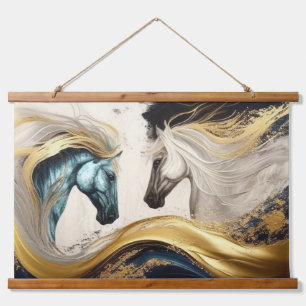 Tapiz Con Marco De Madera Caballos Verde Teal Dorados Pintura Al Óleo Abstra