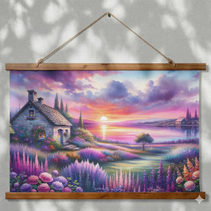 Tapiz Con Marco De Madera Cabaña Atardecer Pastelsoñado Jardín junto al Lago