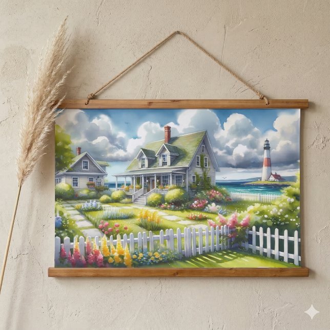 Tapiz Con Marco De Madera Cabaña con vista al faro (Cottage With View Of The Lighthouse Hanging Tapestry On Wall)