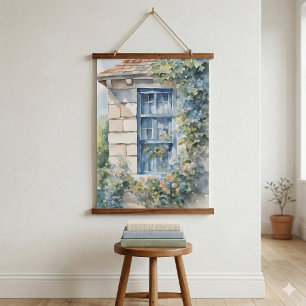 Tapiz Con Marco De Madera Cabaña de Piedra con Ventana Azul y Enredaderas