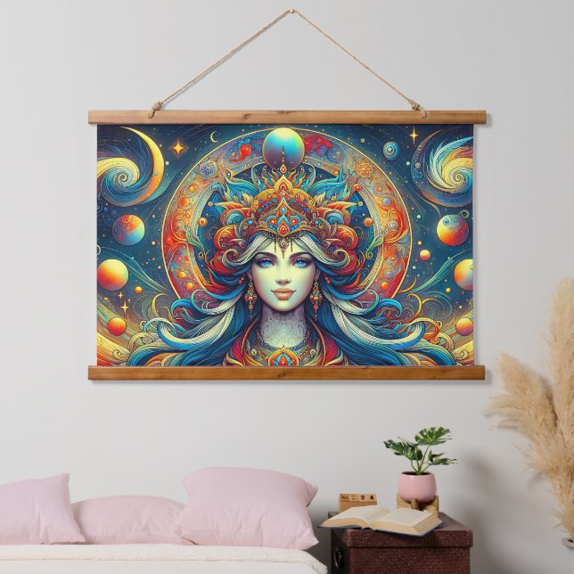 Tapiz Con Marco De Madera Cabello azul turquesa de cabeza de diosa abril - (Dormitorio)