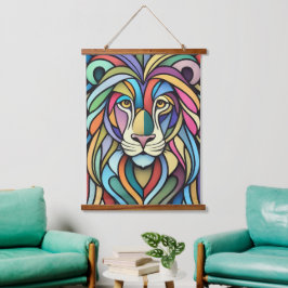 Tapiz Con Marco De Madera Cabeza de león colorida detallada