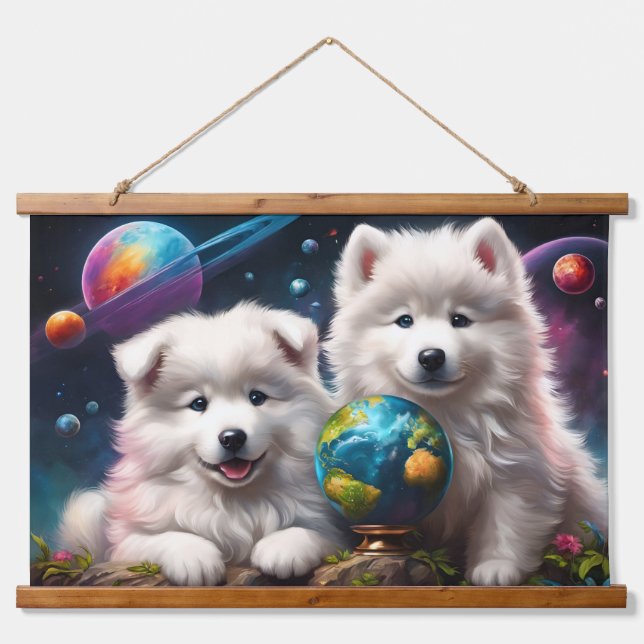 Tapiz Con Marco De Madera Cachorros almidonados, planetas, tierra (Anverso )