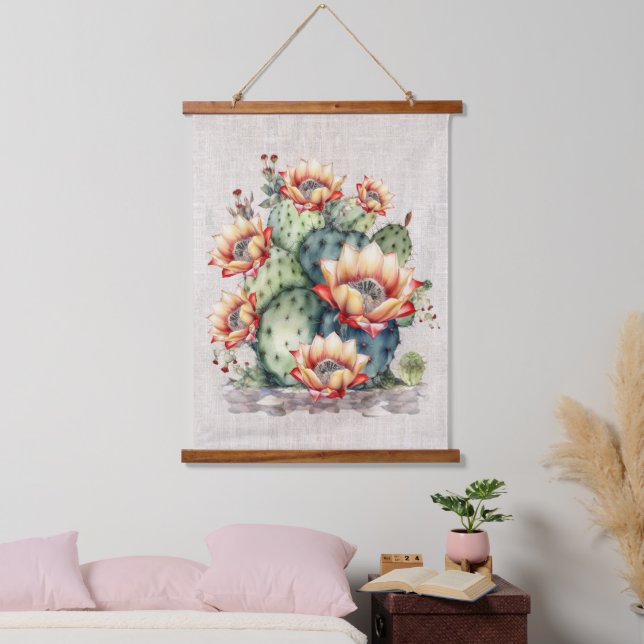 Tapiz Con Marco De Madera Cactus de floración amarillo/Naranja (Dormitorio)
