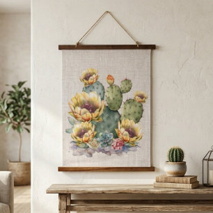 Tapiz Con Marco De Madera Cactus de flores amarillas