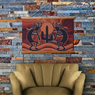 Tapiz Con Marco De Madera Cactus Sunset Desert Kokopelli Southwest Design