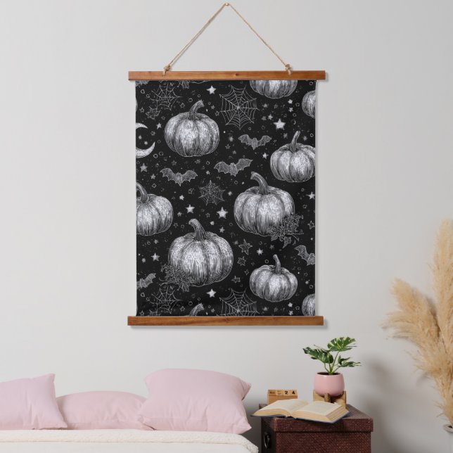 Tapiz Con Marco De Madera Calabaza de Halloween en blanco y negro, murciélag (Dormitorio)