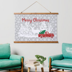 Tapiz Con Marco De Madera Camión navideño y ciervo