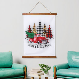 Tapiz Con Marco De Madera Camión y árboles de Feliz Navidad
