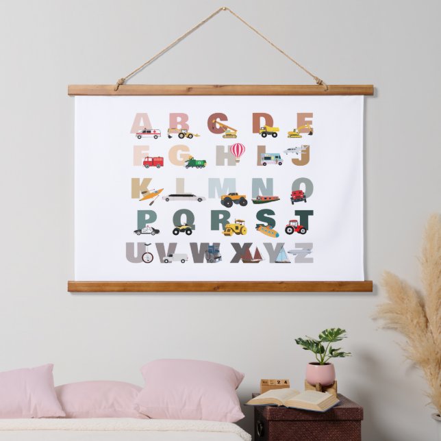 Tapiz Con Marco De Madera Camiones ABC Cute Alphabet, Vehículos De Transport (Dormitorio)