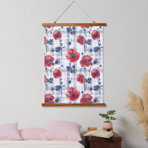 Tapiz Con Marco De Madera Camionetas rojas con hojas azules en azul bajo con