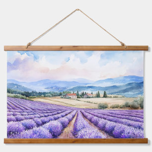Tapiz Con Marco De Madera Campos de lavanda hermosos acuarelas