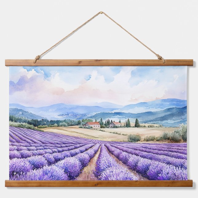 Tapiz Con Marco De Madera Campos de lavanda hermosos acuarelas (Anverso )