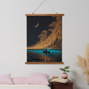 Tapiz Con Marco De Madera Canoa de madera y luna creciente, agua azul brilla