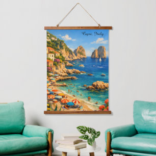 Tapiz Con Marco De Madera Capri Italia Playa Marina Piccola Vintage