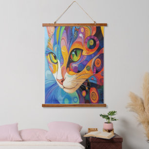 Tapiz Con Marco De Madera Cara de gato vibrante